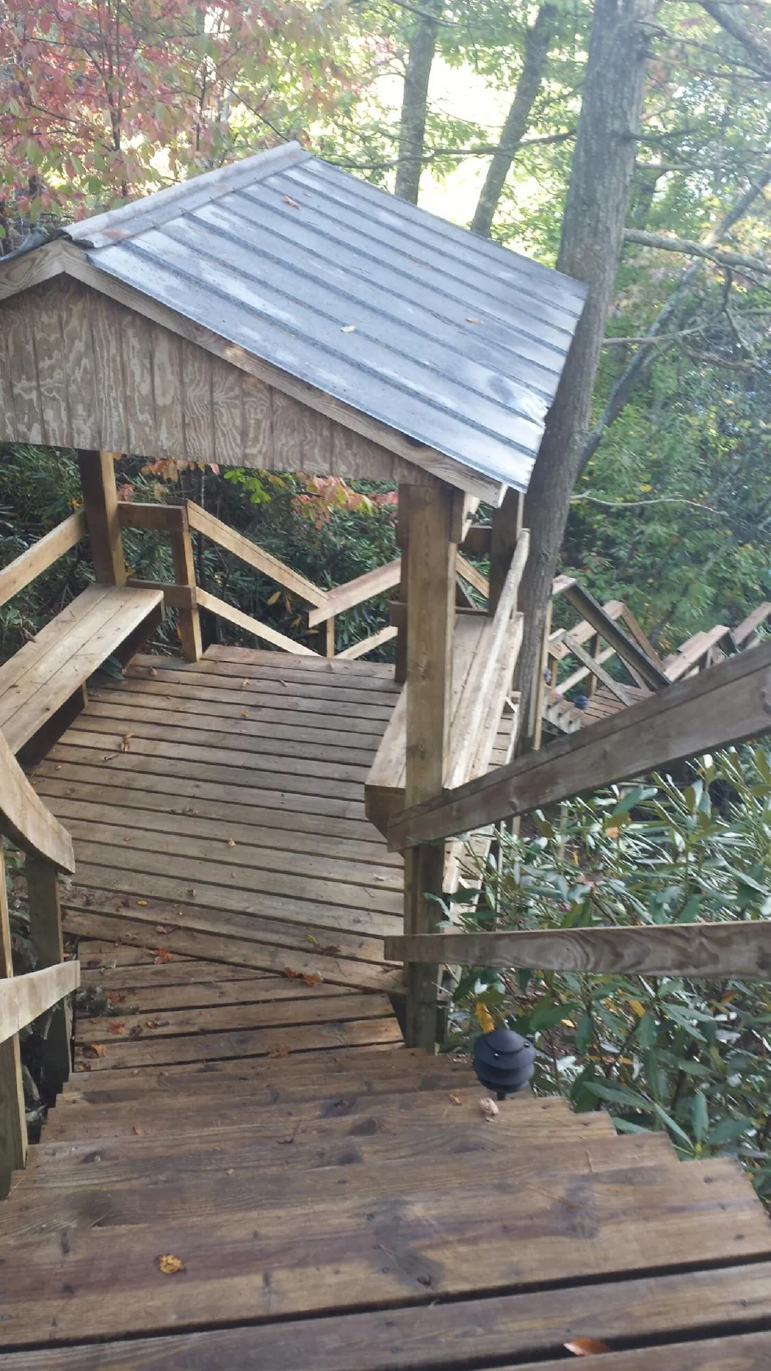 Metal roofed shelter over wooden steps on a wooded walkway — Skylight Repair & Installation work by our crew in Quenemo